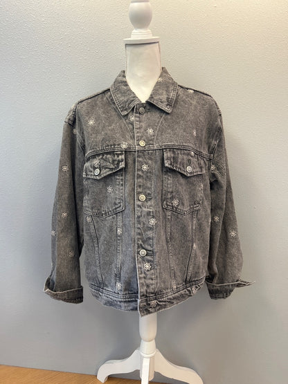 Thread & Supply M Gray Denim jean jacket w/ daisy embroidery
