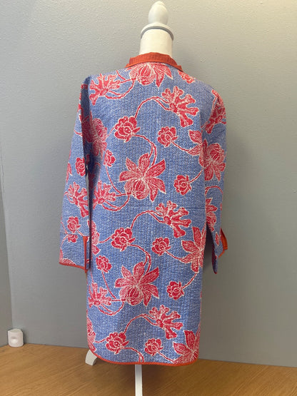 Patty Kim XL blue/red/orange SILK interior, floral, quilted, open frotn