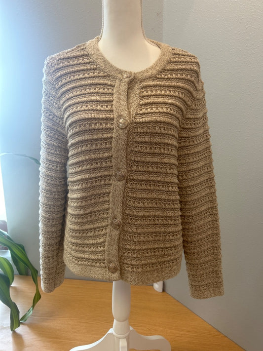 Loft XLP Tan thick ribbed knit gold bttn down LS