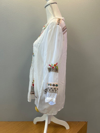 Johnny Was L White /multi colored embroidered LS flowy top