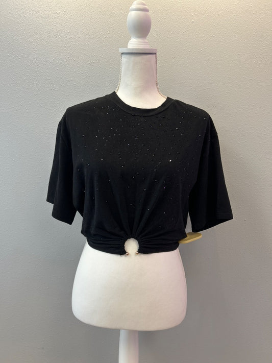 Le Superbe S Black NWT 'Iced Trancas Tee' SS studded crop top w/ loop hem