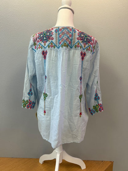 Johnny Was M Blue v neck embroidered top tie neck