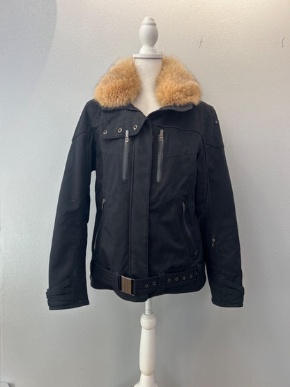 spyder L black/tan Fur collar, multi zipper, w/ belt