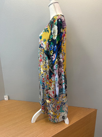 Johnny Was L Blue 100% SILK floral multi LS cardi longer hem