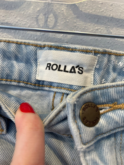 Rolla's 0 Light Wash Denim mini short w/ fringe hem