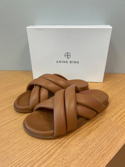 Anine Bing 8/8.5 Tan puffy criss cross strap flat sandals w/ box