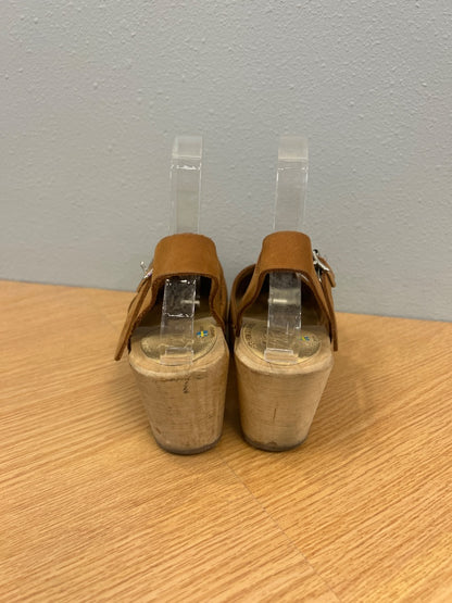 lotta's 8.5 Tan wodden clogs w/ leather upper/silver buckle