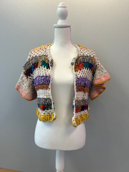 Anthropologie XS/S Multi hand-crocheted colorful open SS cardi