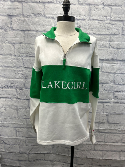 Lake Girl XL white/green 1/4 zip thick stripes, "Lakegirl"