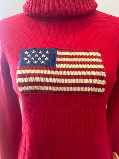Lauren Ralph Lauren S Red knit turtleneck USA flag sweater