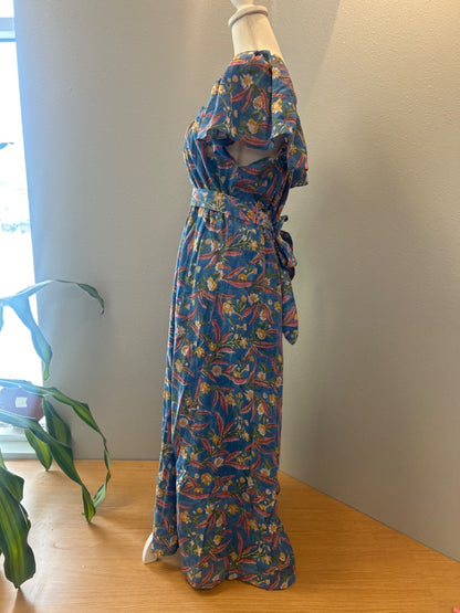 Emerson Fry L Blue /pink/yellow floral puff sleeve maxi w/ belt