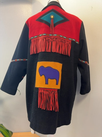 Mary Lou Ozbolt Storer S Black /red 100% wool jacket w/ fringe/embroidery