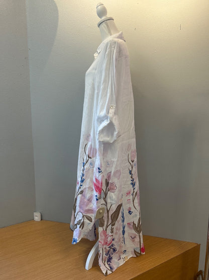 Charlie B XL White /pink/green linen floral LS bttn up maxi