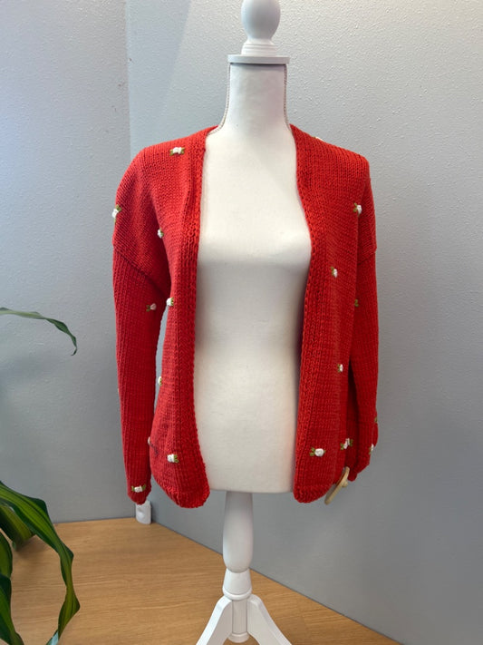 Fanm Mon XS/S Red Hand knit open frnt w/flowers