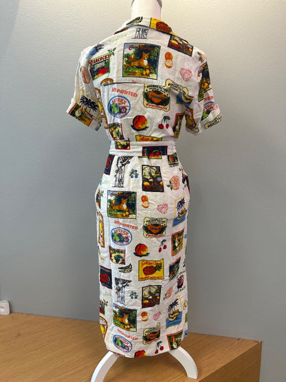 Jane & Delancey S White LINEN blend colorful ooduce/tropical print SS bttn up tie waist
