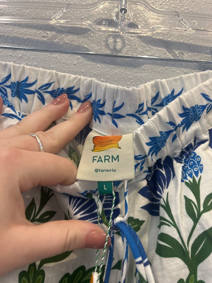 Farm Rio L White /blue/green floral slip on pants w/ tie NWT