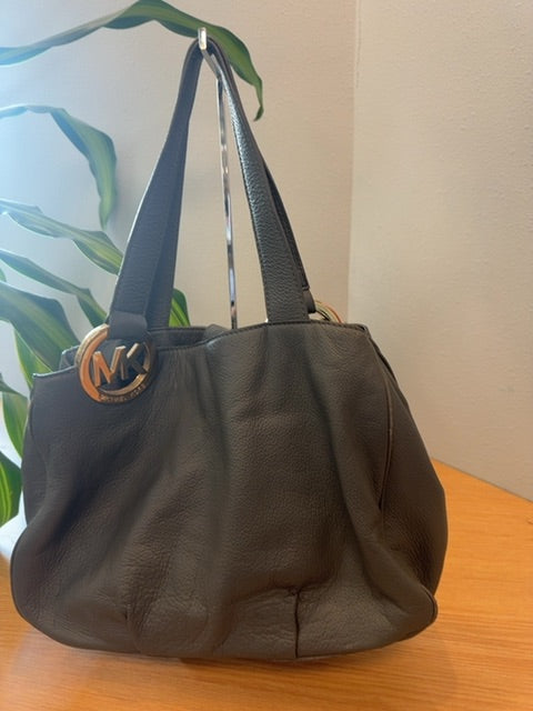 Micheal Kors  Gray Pebble leather 2handle w/ gold MK on strap AS IS