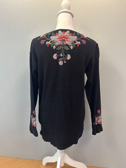 Johnny Was M Black/Pink u neck thermal waffle knit w/ floral embroidery