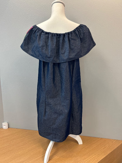 NO BRAND L Blue off shoulder denim mini w/w floral embroidery