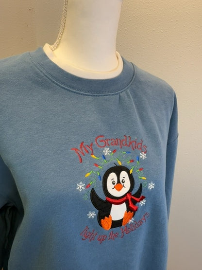 M&C Sportswear L Blue LS crewneck w/ Penguin/"Grandkids light up" graphic