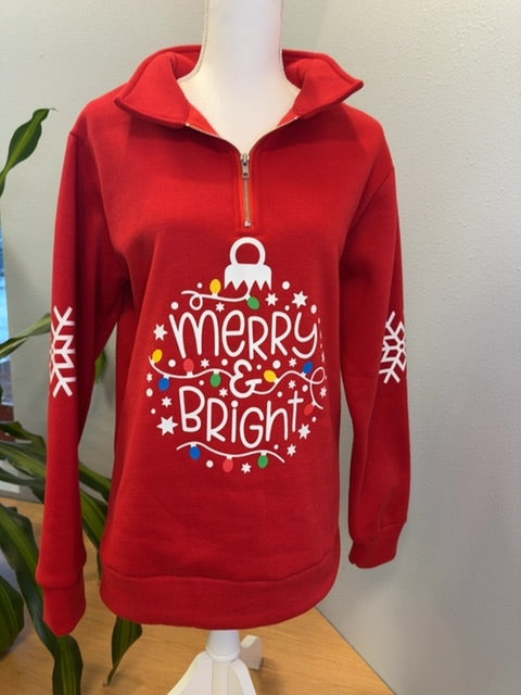 NO BRAND M Red LS 1/4 zip "Merry&Bright" graphic