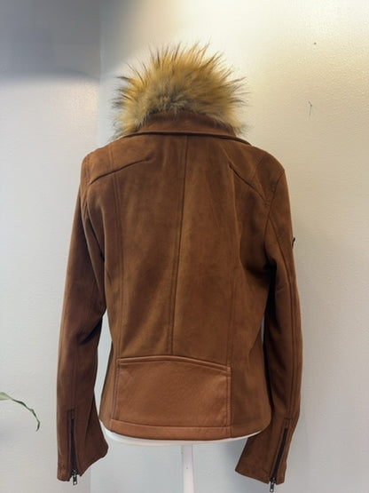 John + Jenn L Tan Suede full zip w/ fur lined snap on hood