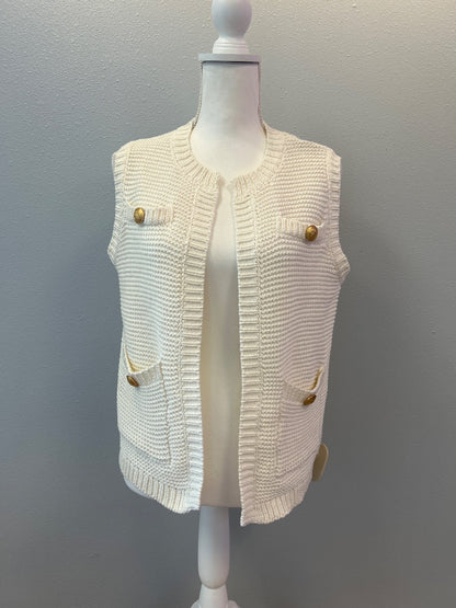 John + Jenn S Cream chunky knit sleevless cardi w/ gold bttns