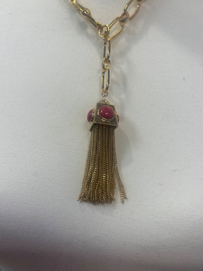 Trina Turk  Gold open link chain w/gold cube & Pink stones, multiple tiny chains tassle Necklace Gold