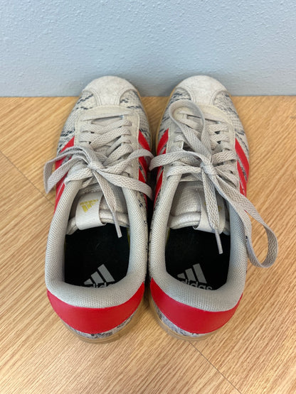 Adidas 7.5 Tan snakeskin lace up sneaker w/ red stripes