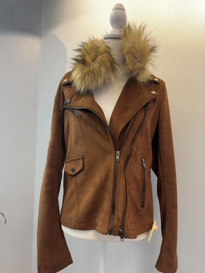 John + Jenn L Tan Suede full zip w/ fur lined snap on hood