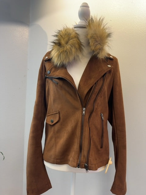John + Jenn L Tan Suede full zip w/ fur lined snap on hood