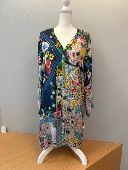 Johnny Was L Blue 100% SILK floral multi LS cardi longer hem