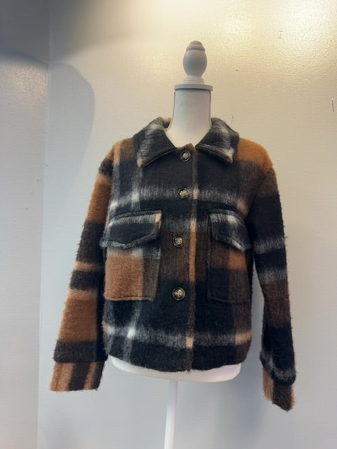 NO BRAND M Brown /BLK WOOL blend fuzzy plaid cropped shacket
