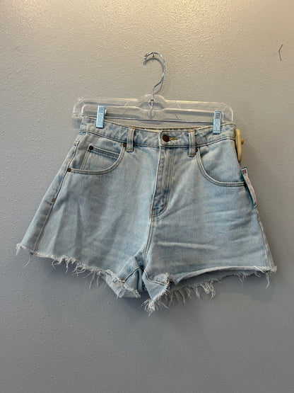 Rolla's 0 Light Wash Denim mini short w/ fringe hem