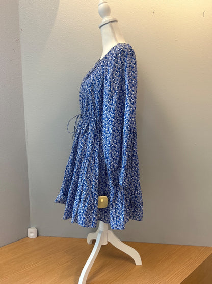 & Other Stories S Blue /WTE floral LS short dress w/ tie waist/back keyhole