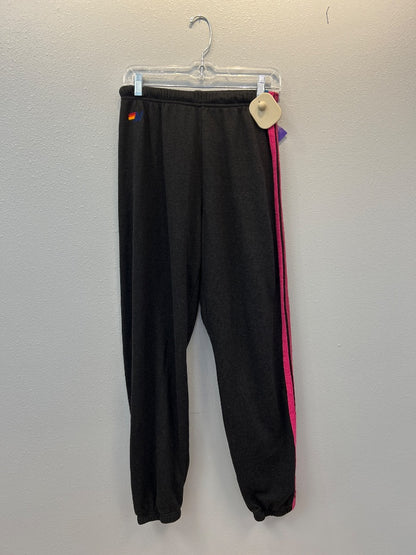 Aviator Nation M Black joggers w/ purple and blue stripes (as is pilling)