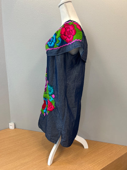 NO BRAND L Blue off shoulder denim mini w/w floral embroidery