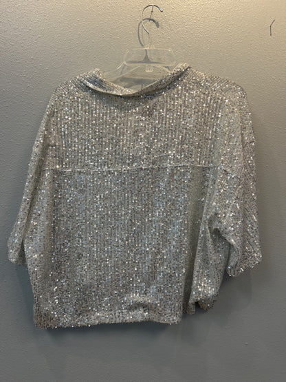 POL M Silver sequin collared button down NWT