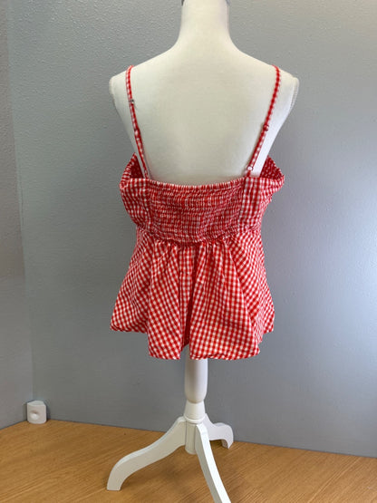 Vero Moda XL Red /white gingham tie neckline spag. strap peplum