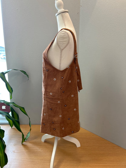 hem & thread S Brown corduroy overall dress / florals NWT