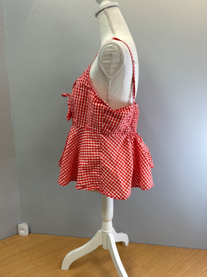 Vero Moda XL Red /white gingham tie neckline spag. strap peplum