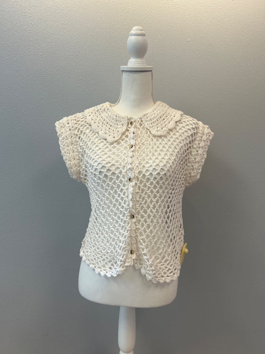 Free People S White holey knit bttn front cardi w/ collar NWT