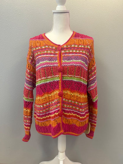 Sigrid Olsen XL Pink /orange fair isle HAND KNIT cardi