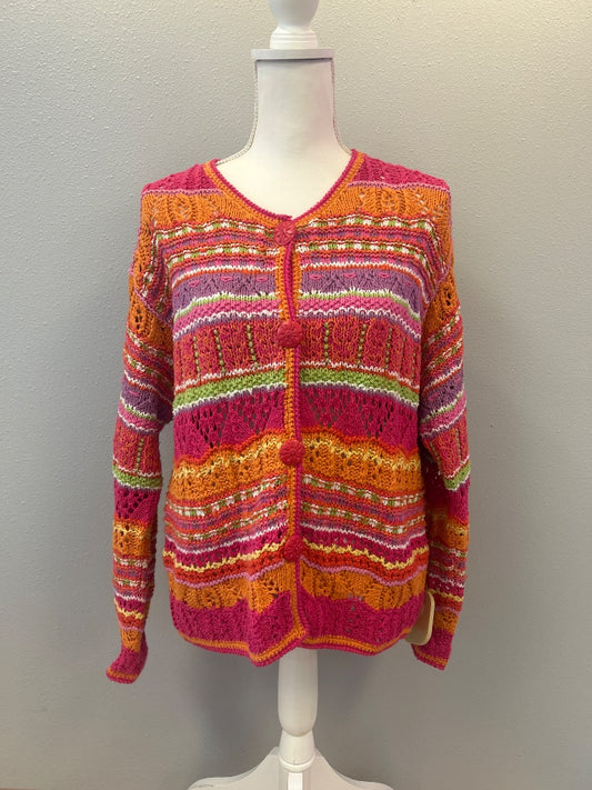 Sigrid Olsen XL Pink /orange fair isle HAND KNIT cardi