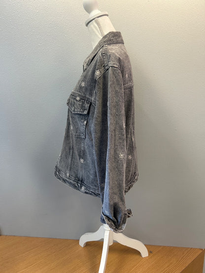 Thread & Supply M Gray Denim jean jacket w/ daisy embroidery