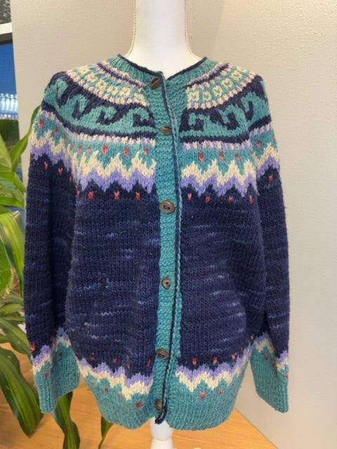 NO BRAND M Blue/Purple WOOL Hand Knit Wood bttns