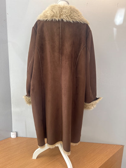Donna Salyers 3X Brown suede long jacket w/ faux fur cuffs/collar
