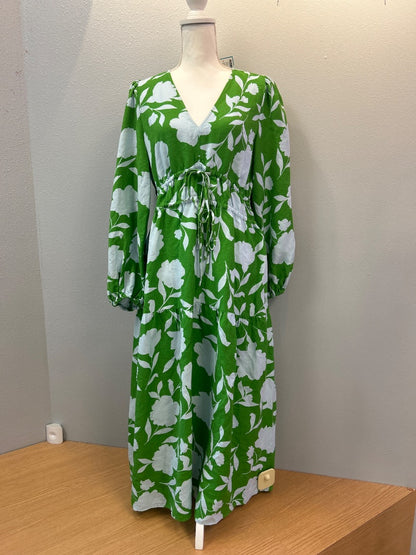Kate Spade x Target M Green /blue floral LS maxi w/ front ties/elastic waist