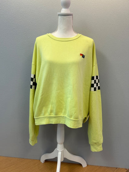 Aviator Nation L Yellow crewneck w/ checkerboard sleeves