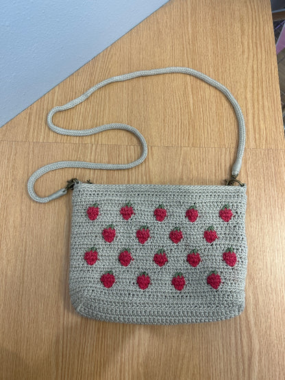 The Sak  Tan woven knit Xbody w/ red strawberry design